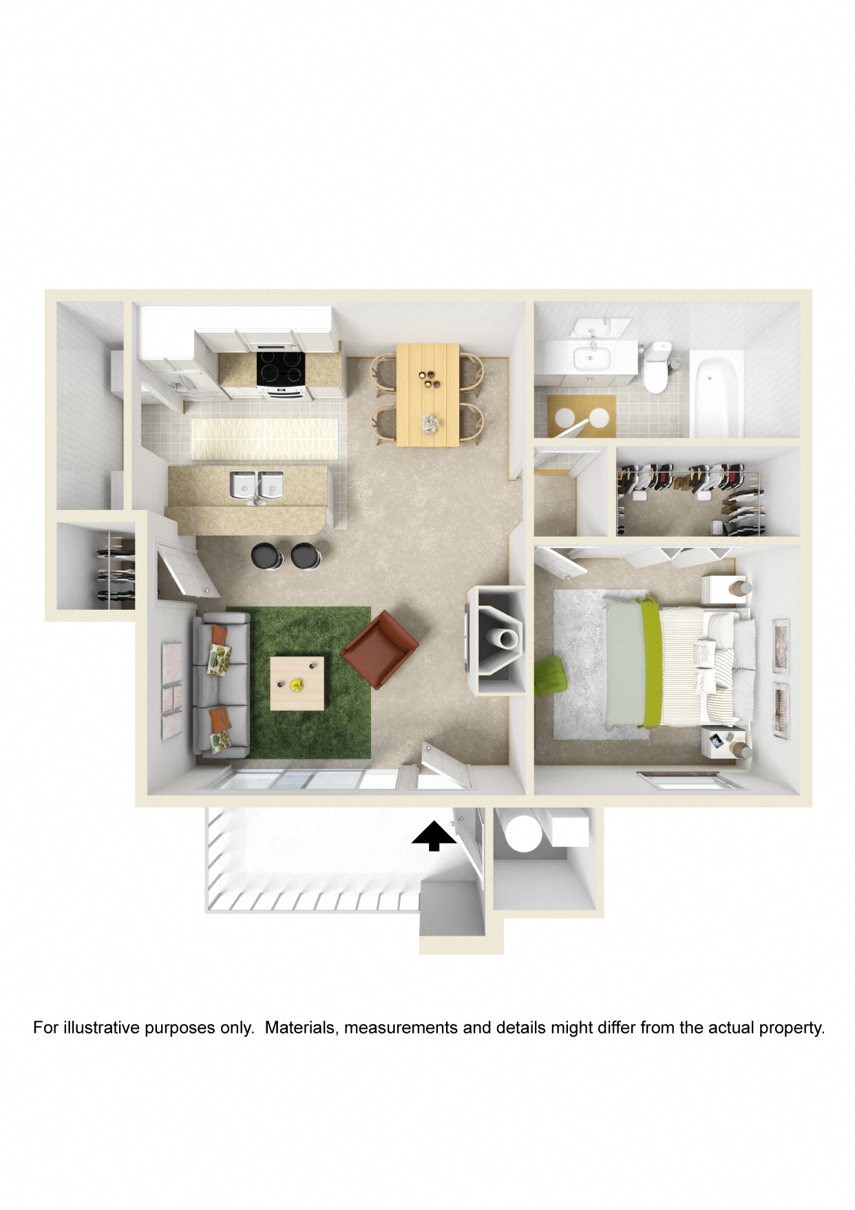 Floor plan for 1 bed, 1 bath, 665 sqft